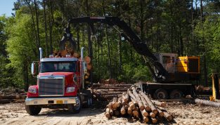 Rotobec log loader loading a truck with a log grapple.