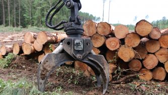 Rotobec log grapple in front of a pile of logs.
