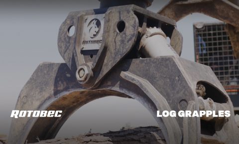 Close view of a bug log grapple with the Rotobec logo.