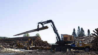The Evolution 962 diesel loader lifting logs to a log pile.