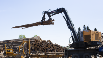 A Rotobec Diesel Loader lifting logs.