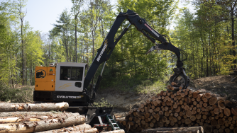 The Evolution Diesel Loader in the forest along a wood pile.